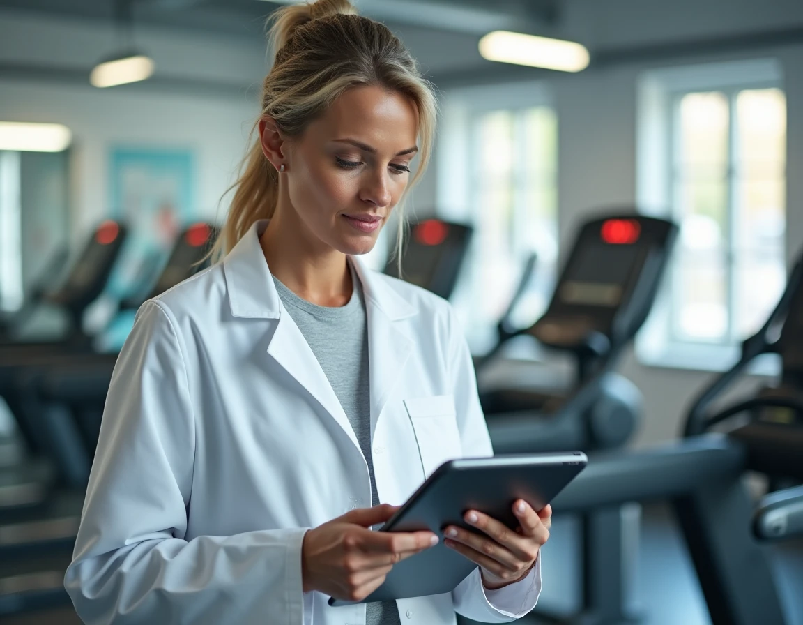Physiologiste sportive analysant des données de performance aérobie et anaérobie sur tablette dans un laboratoire de sciences du sport