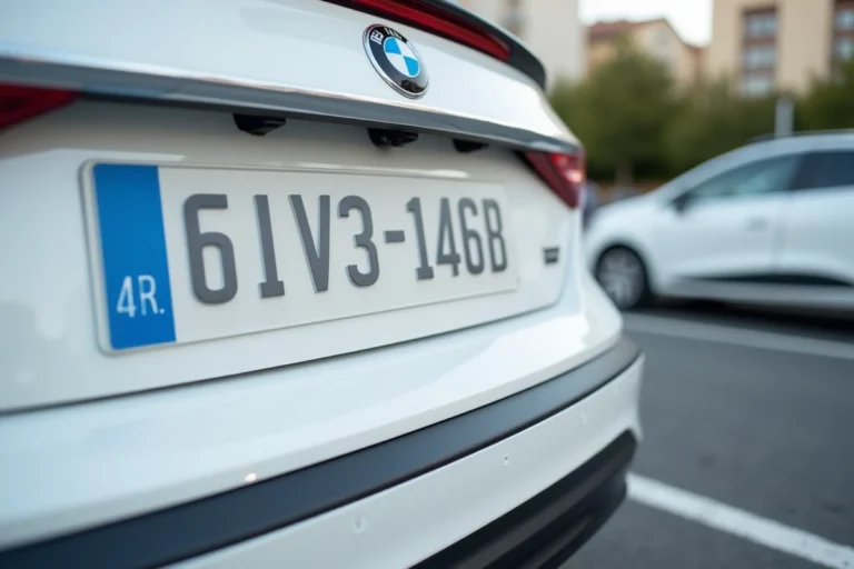 Gros plan sur une plaque d'immatriculation française au format SIV sur une voiture blanche en stationnement urbain