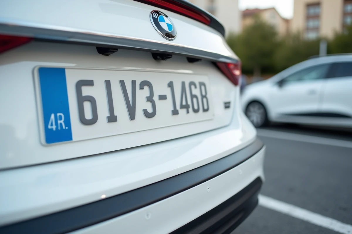 Gros plan sur une plaque d'immatriculation française au format SIV sur une voiture blanche en stationnement urbain