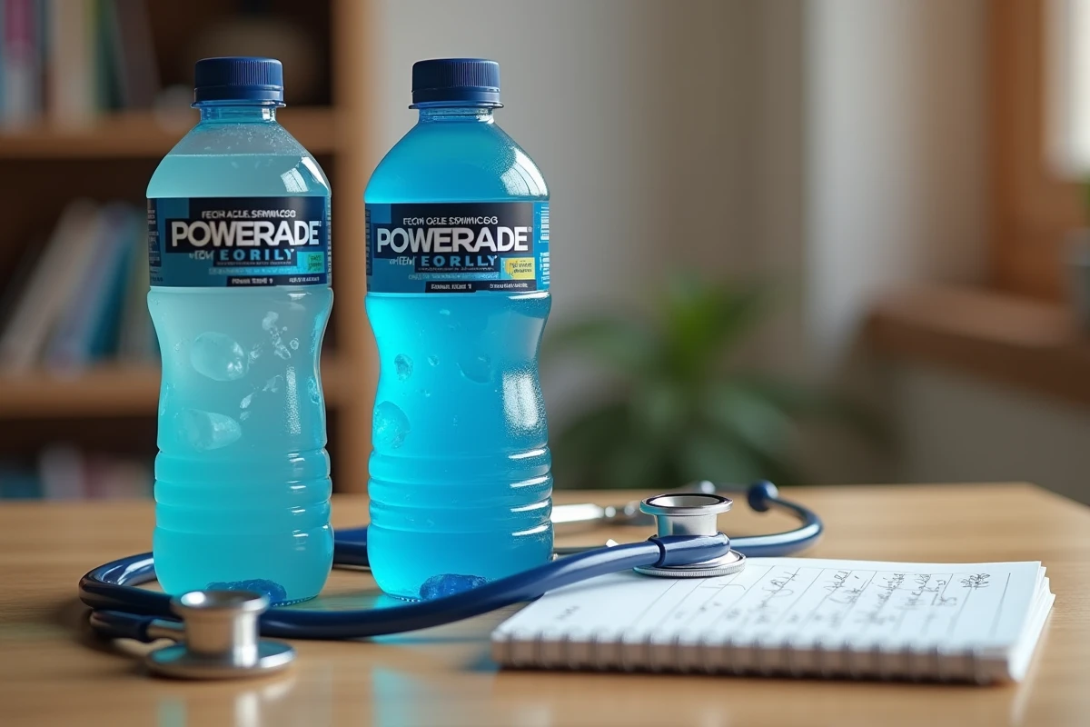 Bouteilles de Powerade et stéthoscope sur une table en bois illustrant l'évaluation des impacts sur la santé