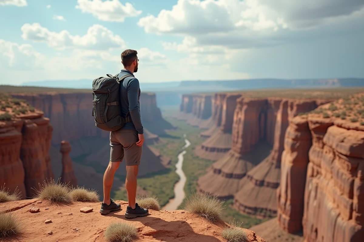 Randonneur au bord d'un canyon lors d'une étape de trek pendant un tour du monde