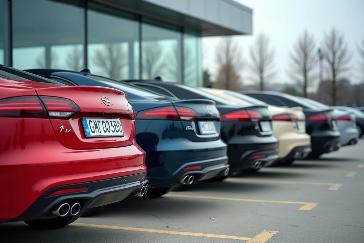 Rangée de voitures avec plaques d'immatriculation françaises visibles dans un parking de concessionnaire automobile en France