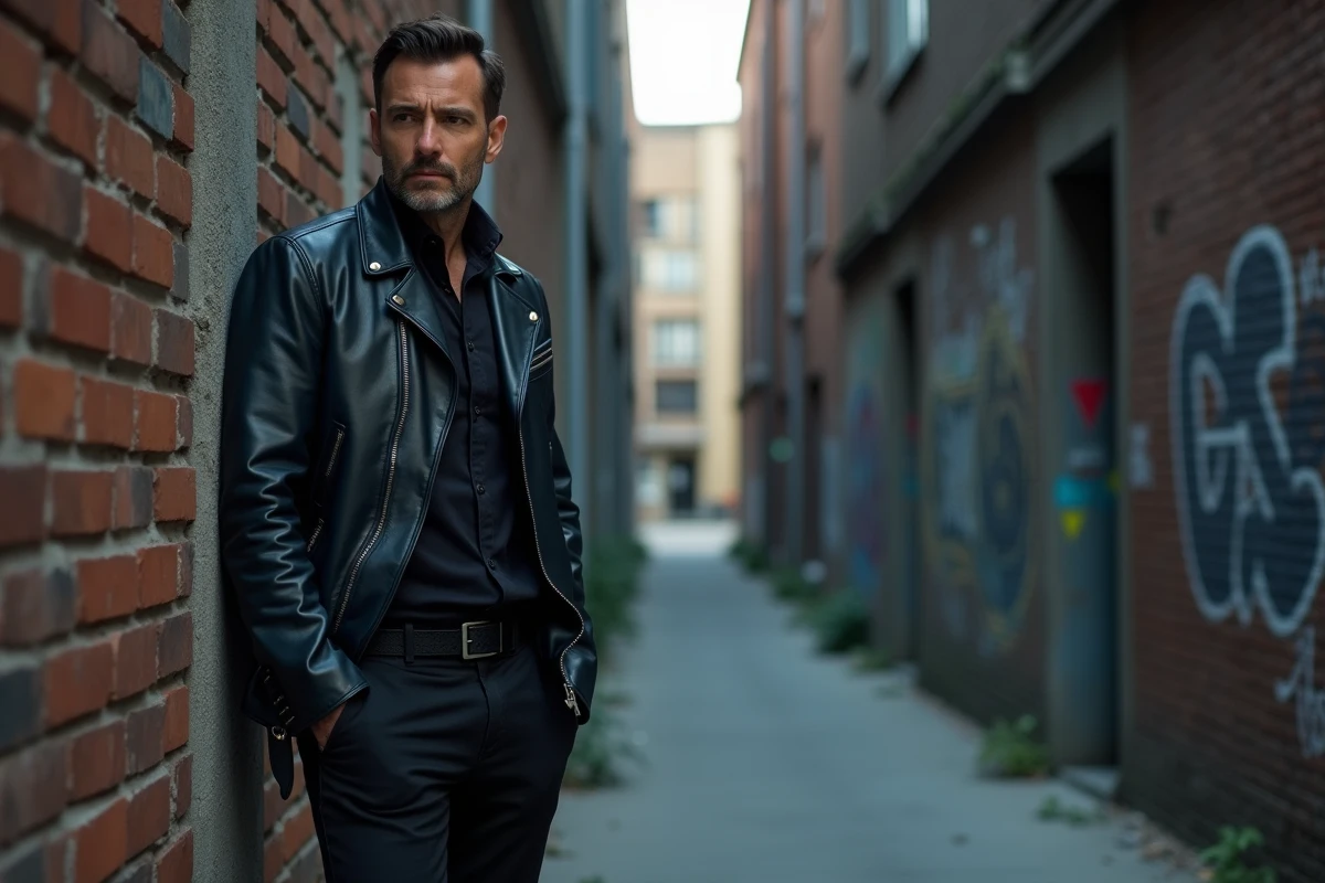 Homme en veste en cuir noir appuyé contre un mur industriel, regard intense et calculateur évoquant le personnage de Rio dans Good Girls saison 3