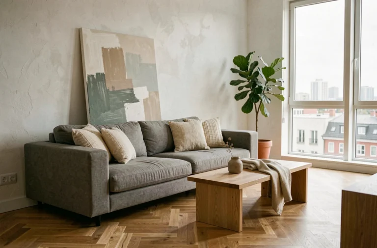 Salon moderne et élégant avec canapé en lin gris, table basse en chêne et grande fenêtre sur skyline urbain