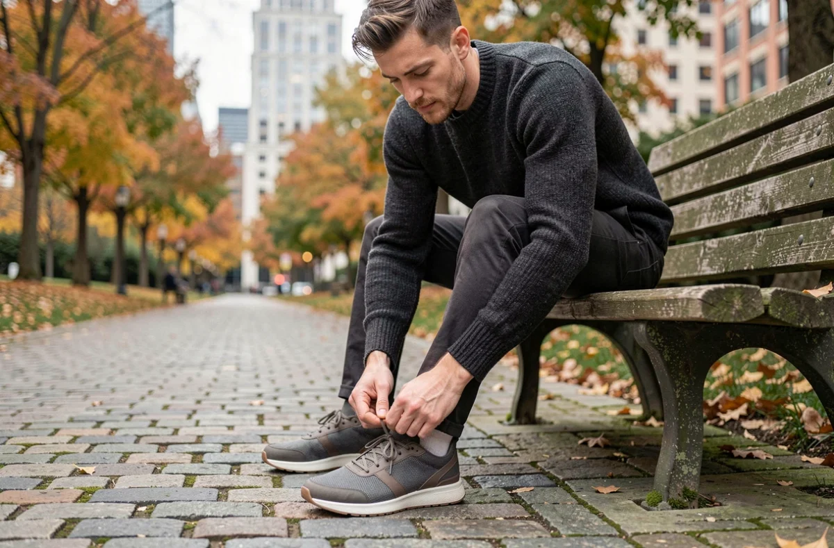 Homme lacant des sneakers vegan en matériaux recyclés sur un banc en bois dans un parc urbain en automne