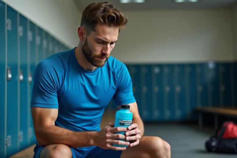 Sportif lisant l'étiquette nutritionnelle d'une bouteille de Powerade après l'entraînement dans un vestiaire