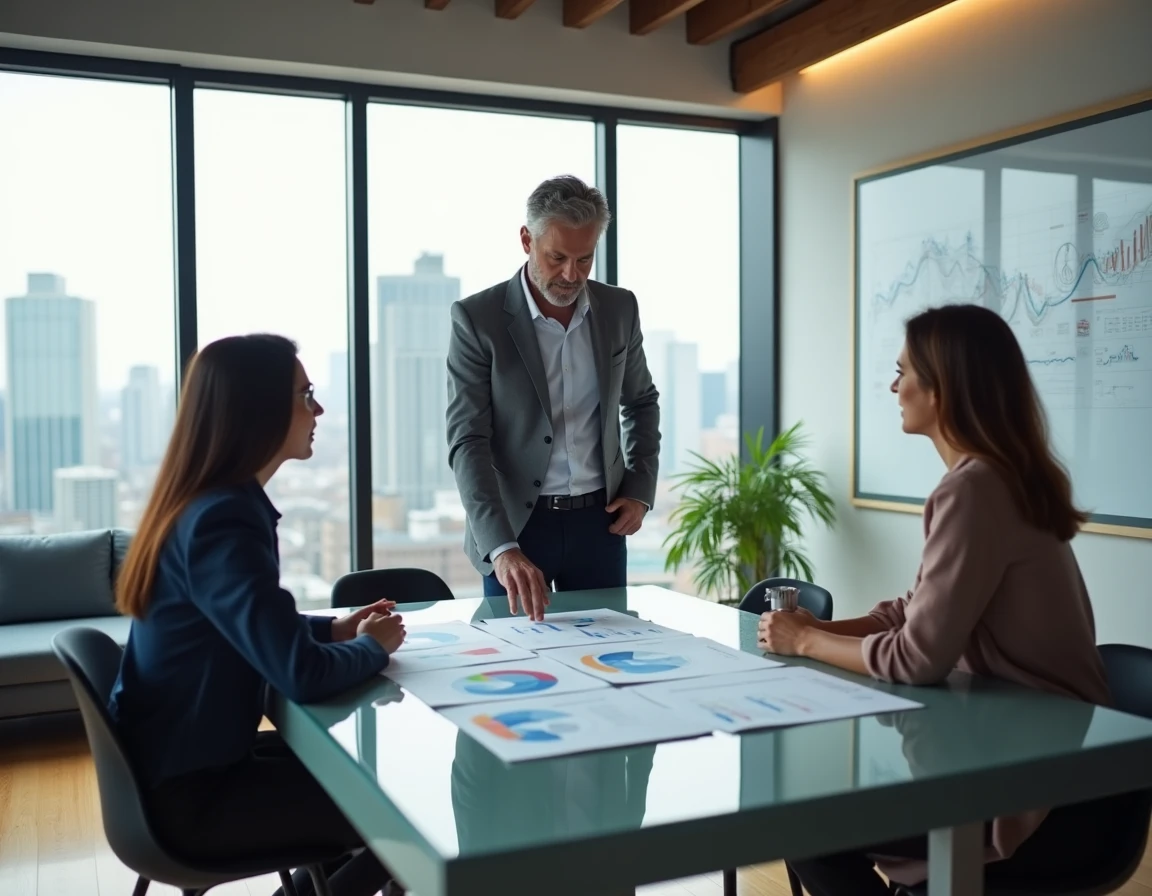 Équipe de professionnels discutant de stratégies business et d'opportunités commerciales dans un bureau startup moderne