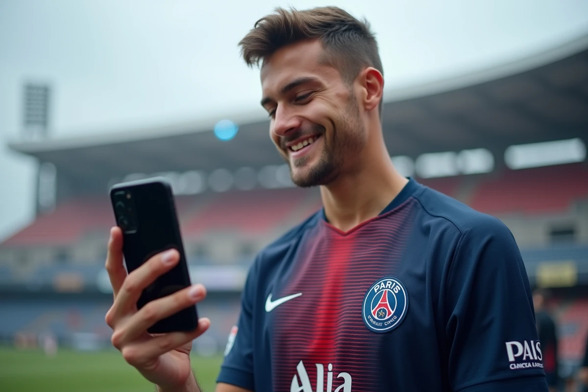 Supporter PSG tenant son iPhone avec fond d'écran 4K devant le Parc des Princes à Paris