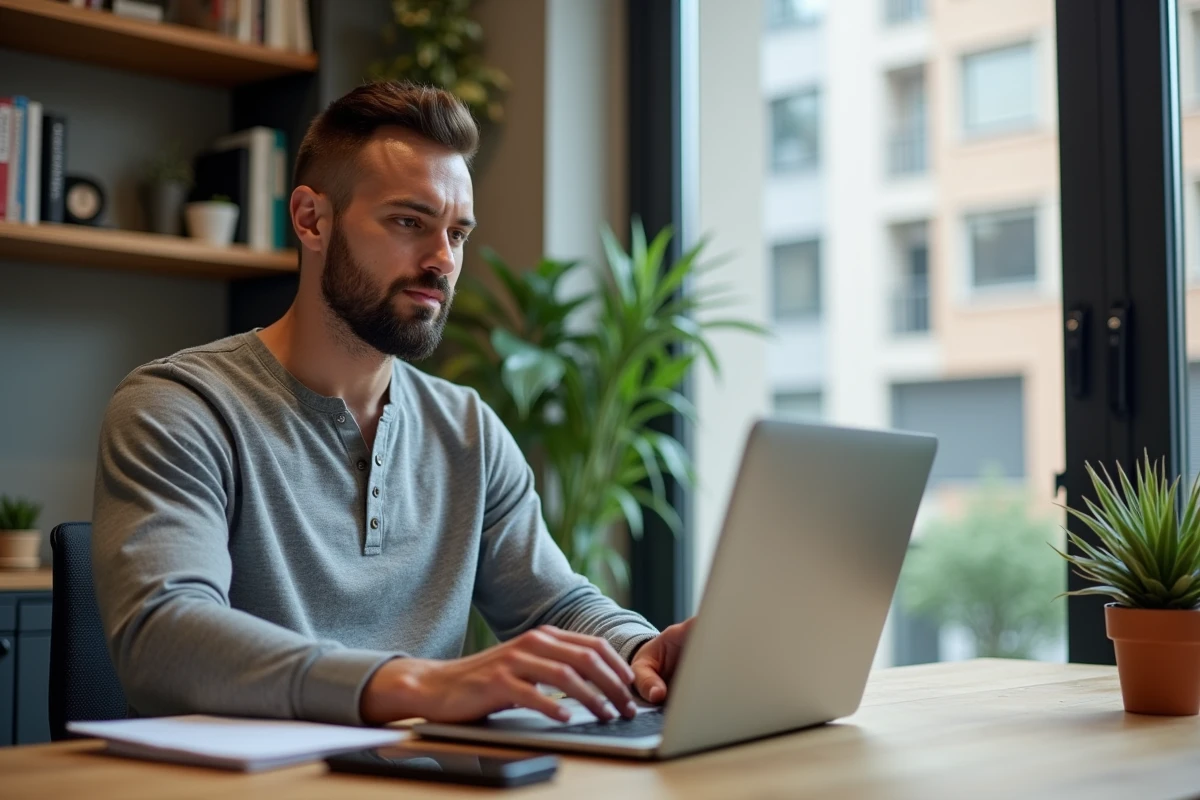Entrepreneur travaillant en télétravail depuis un bureau à domicile moderne, symbolisant les nouvelles tendances digitales pour les entreprises en 2024