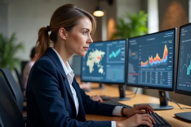 Femme professionnelle analysant des tableaux de bord numériques et des indicateurs de performance dans un bureau moderne en 2024