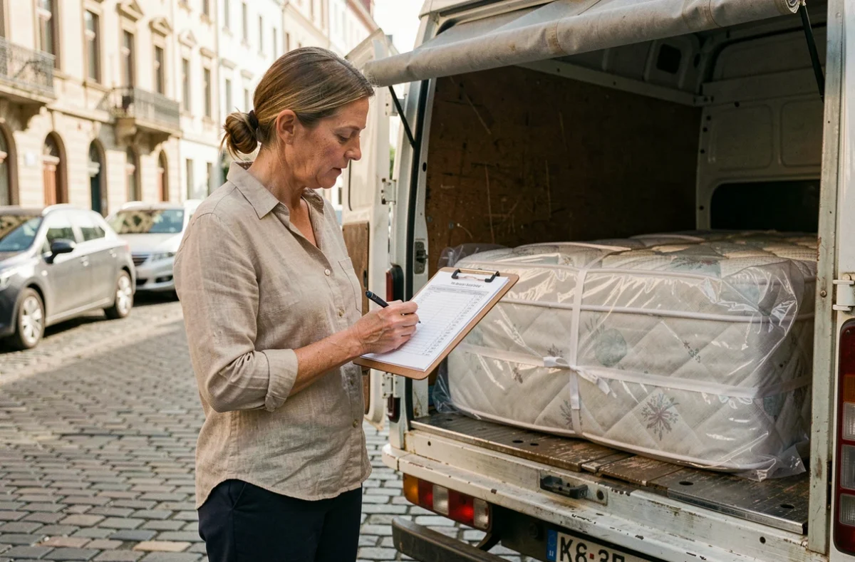 Femme consultant une liste de dimensions sur un presse-papiers devant un camion de location 6m3 avec un matelas chargé à l'intérieur