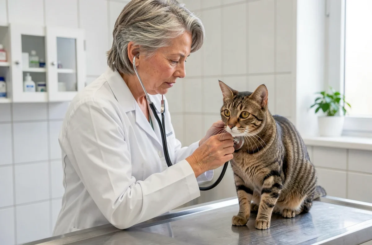 Vétérinaire examinant un chat tigré en clinique, consultation de santé pour animaux de compagnie