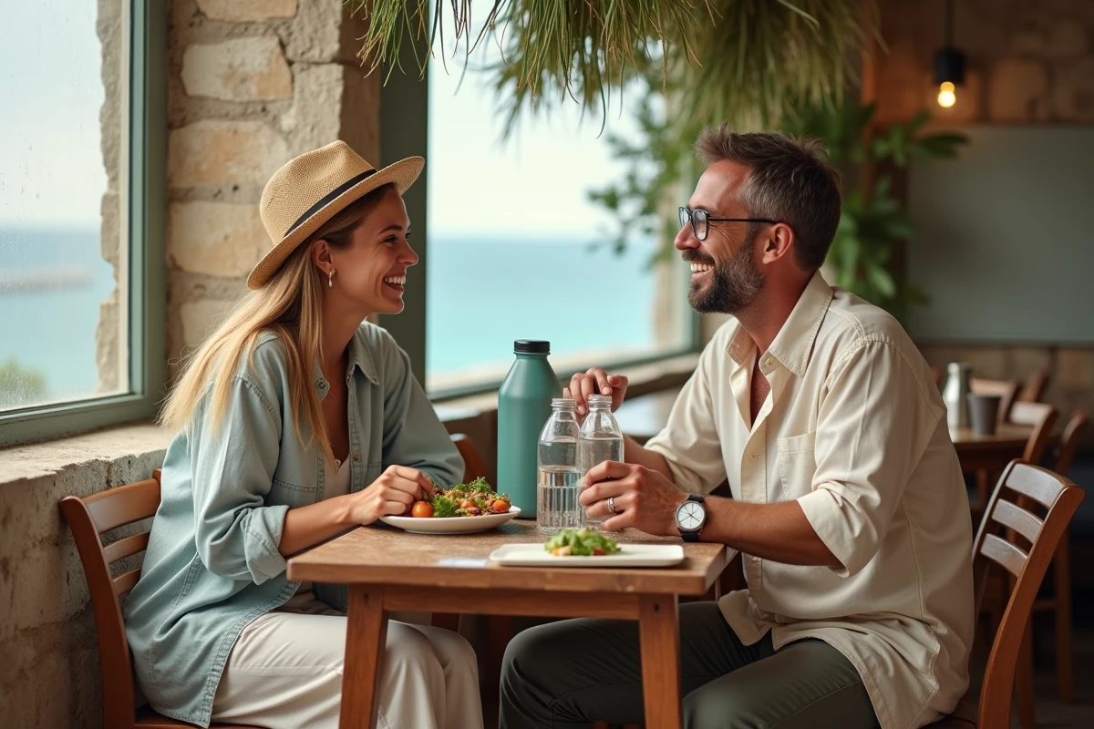 Deux voyageurs partageant un repas local dans un café côtier lors d'un tour du monde