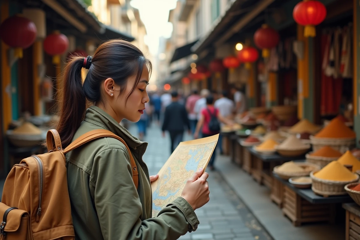 Voyageuse consultant une carte dans un marché de rue en Asie du Sud-Est lors d'un tour du monde